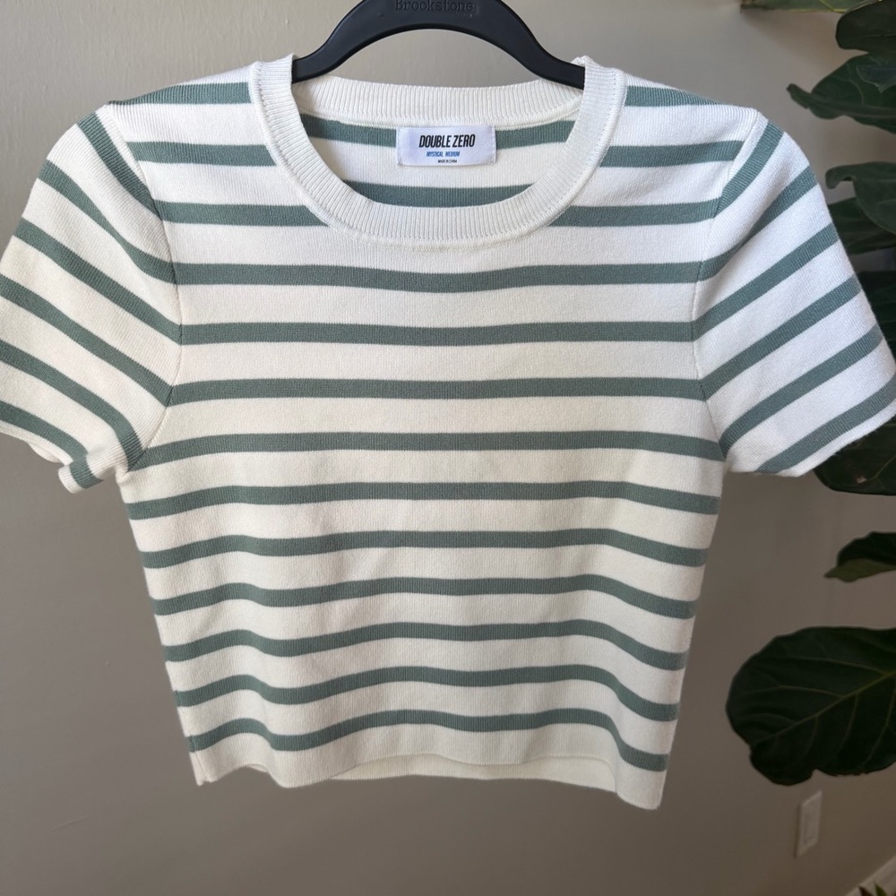 Double Zero White & Sage Striped Cropped Tee